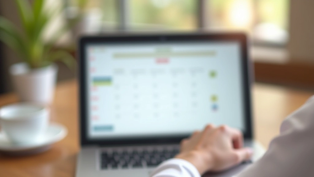 Calendario digitale con notifiche email e post social, schermo tablet su scrivania con caffè, pianificazione di campagna, luce naturale