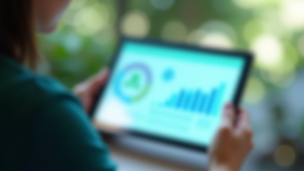 Dashboard semplice mostrando grafici di engagement, persone che aumentano nel tempo, colori positivi blu e verde, schermo tablet con statistiche di comunità, illuminazione naturale, focus nitido