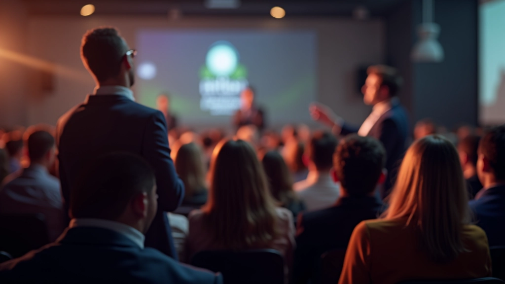 Evento in diretta, pubblico che partecipa attivamente, relatore che parla, ambiente dinamico e coinvolgente, focus sulla partecipazione