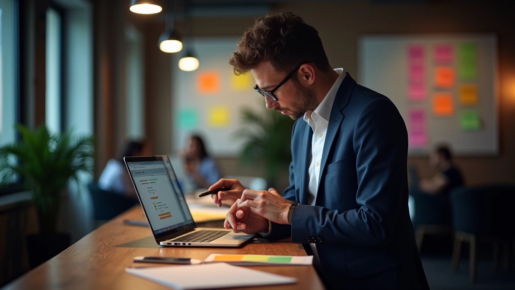 Organizzatore di eventi che pianifica su una lavagna con adesivi colorati e timeline, ambiente creativo luminoso, focus nitido