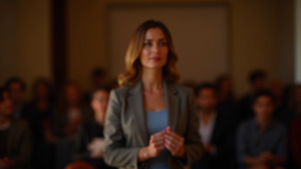 Persona che racconta una storia davanti a un pubblico attento, connessione emotiva, ambiente professionale caldo
