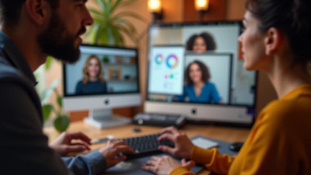 Persone che interagiscono online su piattaforma di comunità, monitor con interfaccia di engagement, colori caldi, ambiente collaborativo, focus nitido