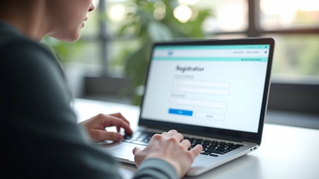 Modulo di registrazione su schermo di laptop, persona che compila informazioni, mani sul tastierа, ambiente ufficio moderno, focus nitido